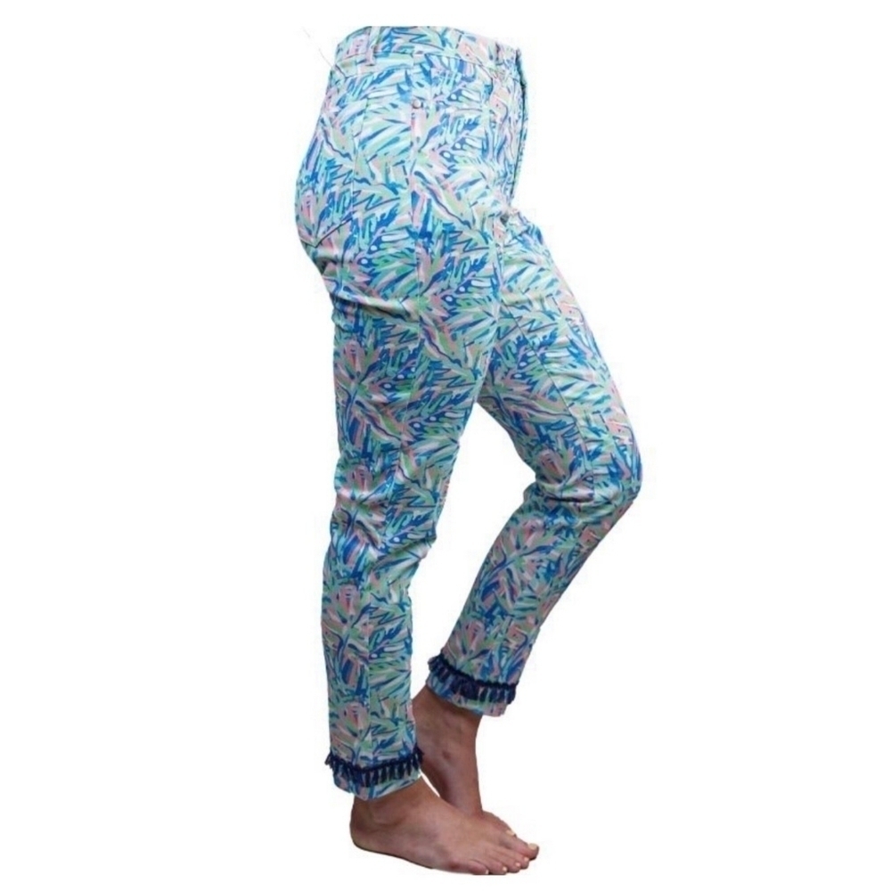 Simply Southern Pant Size Small 28 Women Abstract Blue Crop Tassel Ankle Rise